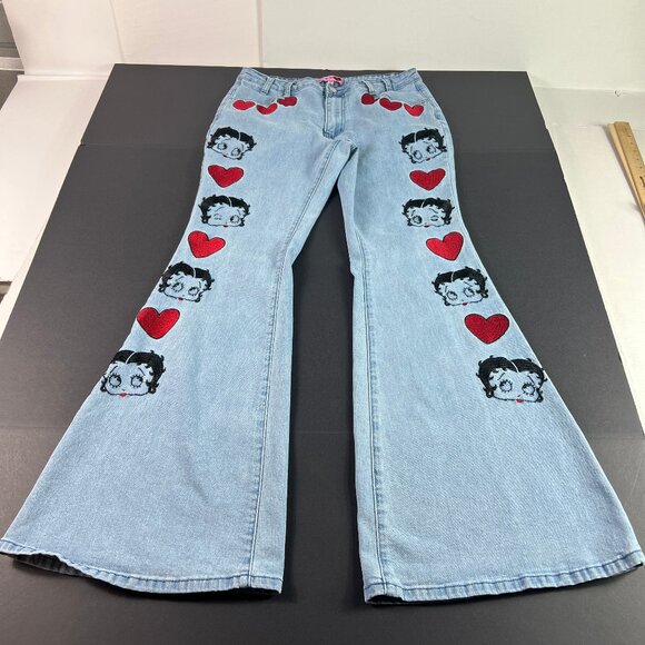 Dolls Kill X Betty Boop Jeans Women 31x32* Flare Mid Rise Light Blue Denim Tag L - Picture 1 of 16